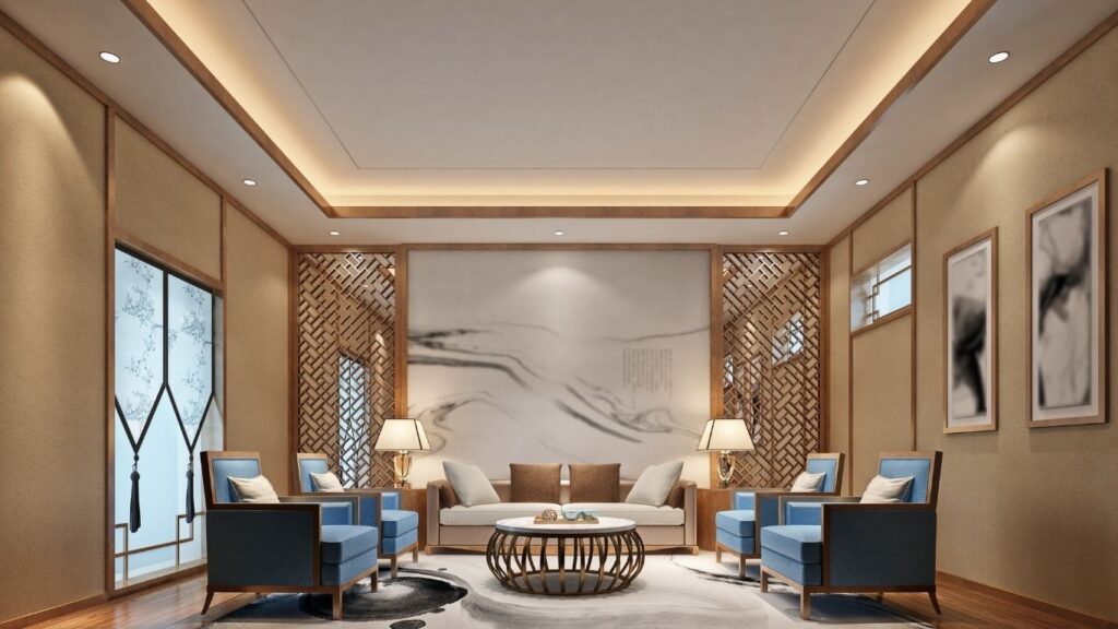 Royal Ceiling designs with chandelier by jivan furniture